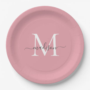 Girly Blush Pink Grau Monogram Elegantes Skript Na Pappteller