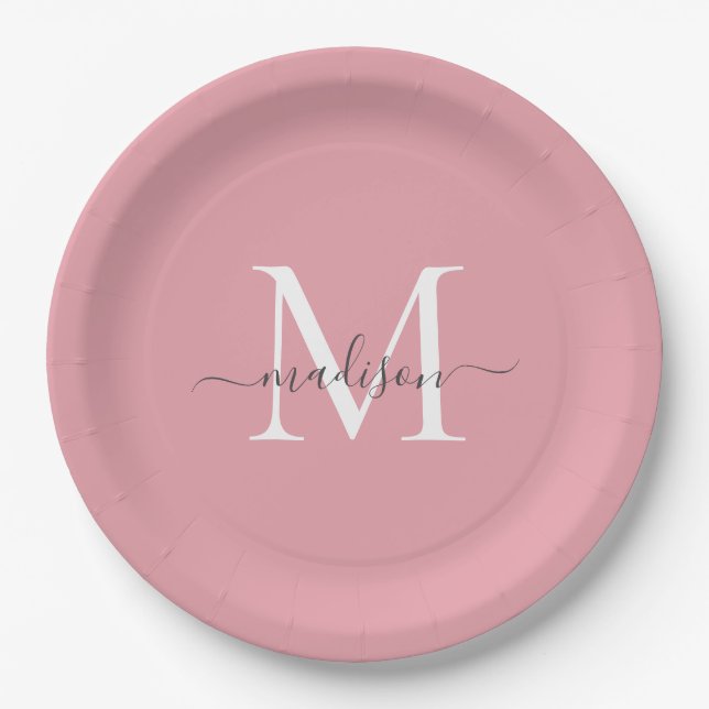 Girly Blush Pink Gray Monogram Eleganter Script Na Pappteller (Vorderseite)