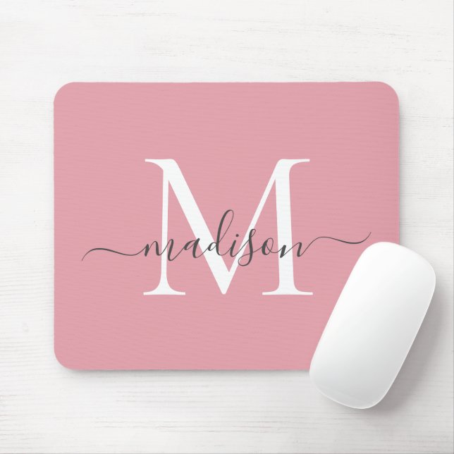 Girly Blush Pink Gray Monogram Elegantes Chic Scri Mousepad (Mit Mouse)
