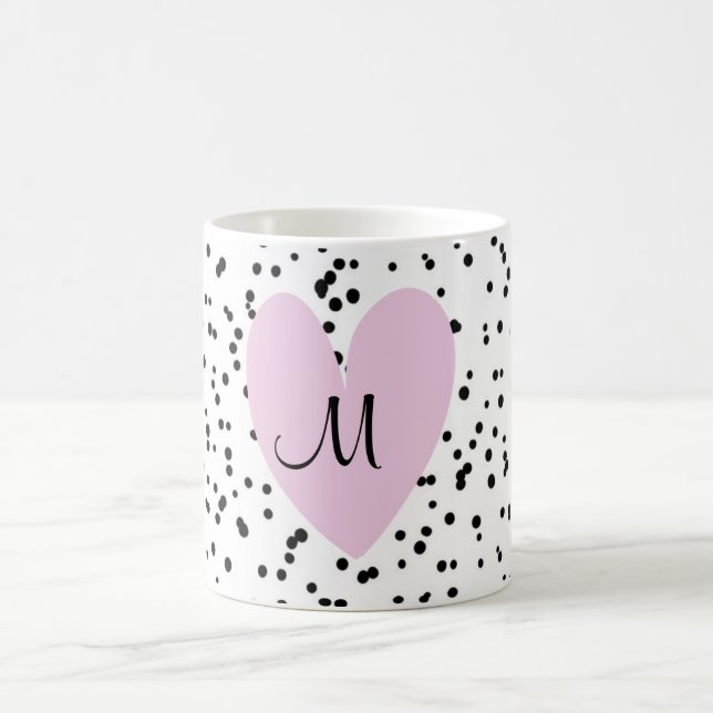 Girly Blush Pink Heart Monogram Spotty Background Kaffeetasse (Mittel)