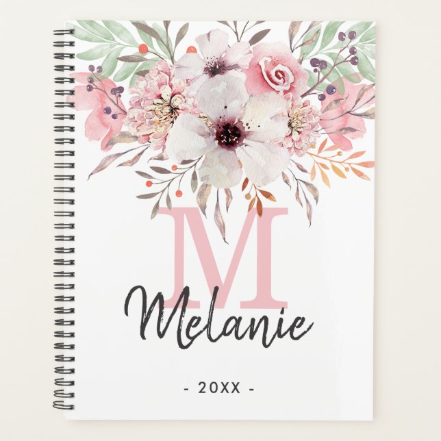 Girly Blush Pink Monogram Floral 2024 Planner Planer (Vorderseite)