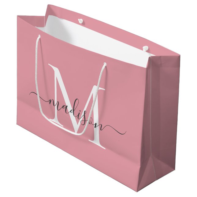 Girly Blush Pink Monogramm Grau Elegant Skript Nam Große Geschenktüte (Vorderseite Schrägansicht)