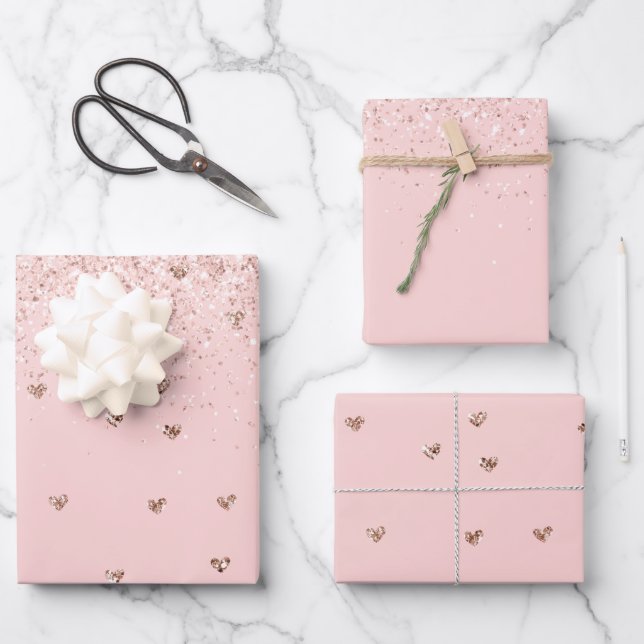 Girly Blush Pink Sparkle Glitzer Herz Geschenkpapier Set (Vorderseite)