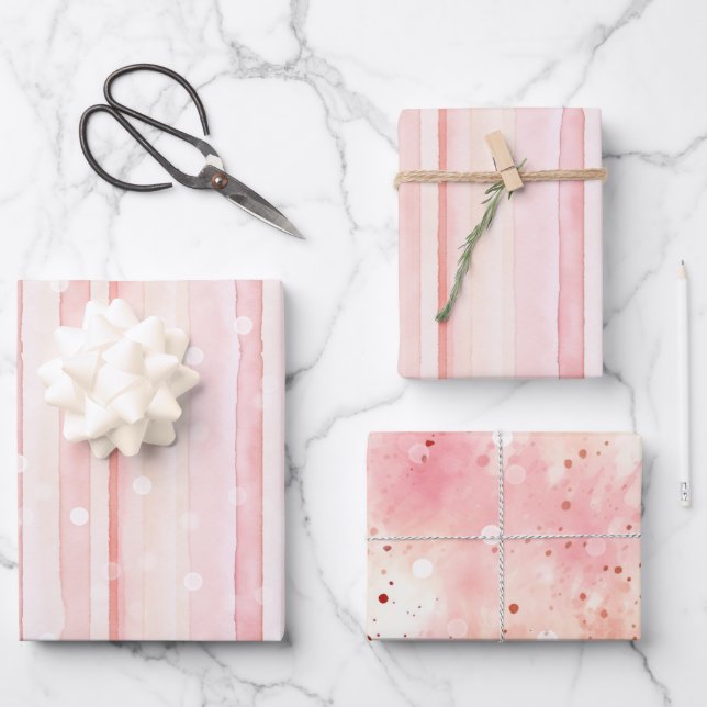 Girly Blush Pink Stripes White Dots Birthday Geschenkpapier Set (Vorderseite)