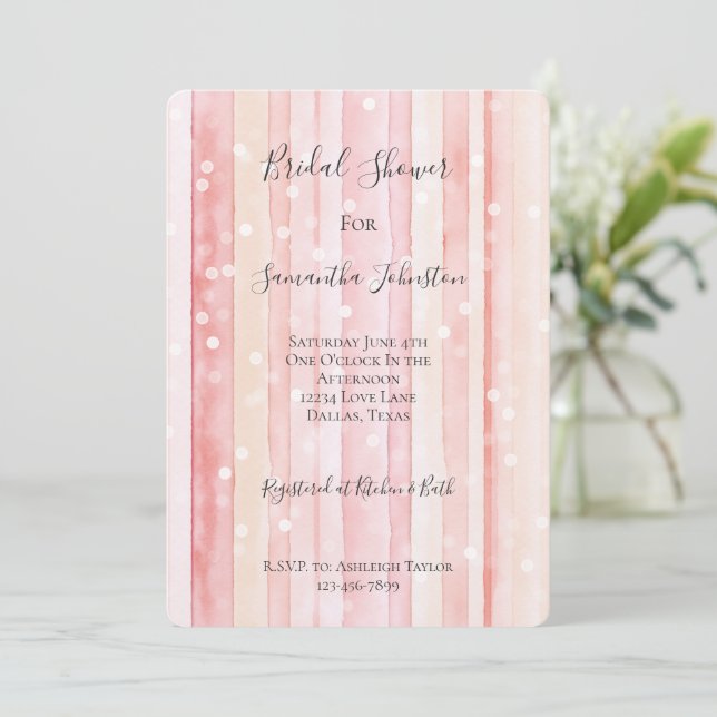 Girly Blush Pink Stripes White Dots Bridal Shower Einladung (Stehend Vorderseite)