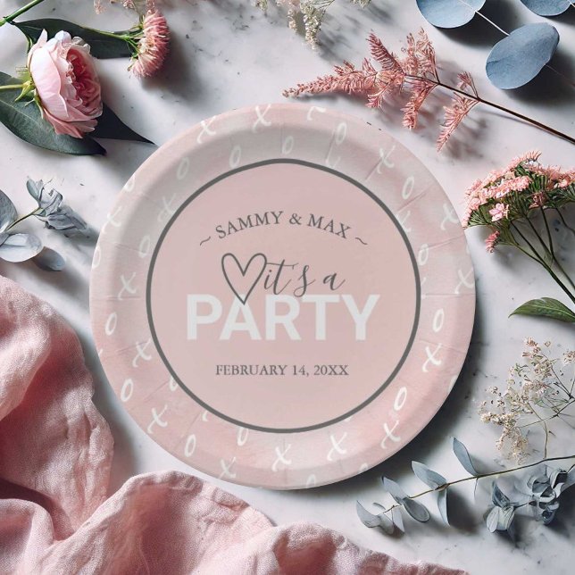 Girly Blush Pink Valentine's Day Table Teller (Valentines party decor personalized paper plates with an xo pattern in white over blush pink.)