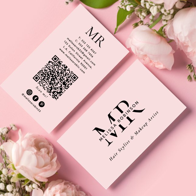 Girly Blush Rosa Haarstylist Monogramm QR-Code Visitenkarte (Von Creator hochgeladen)