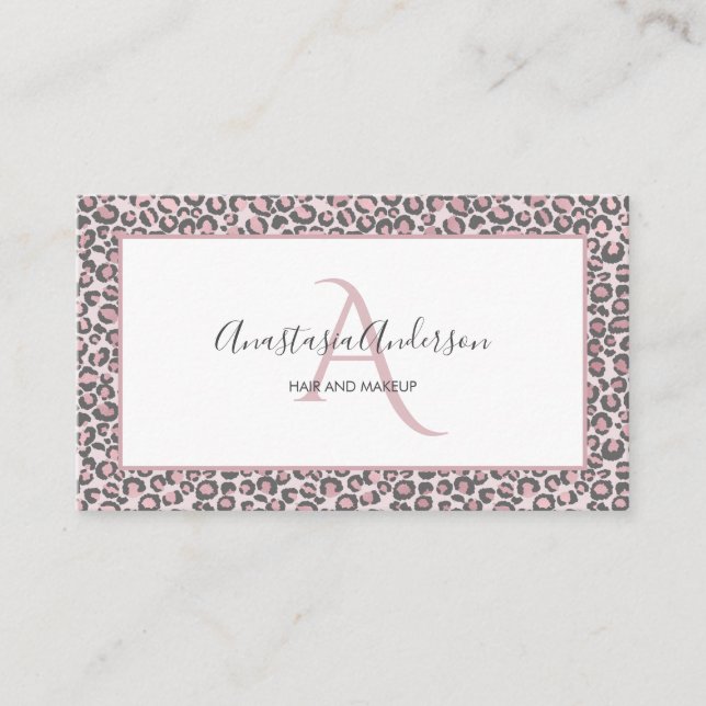 Girly Blush Rose Gold Leopard Spots White Monogram Visitenkarte (Vorderseite)