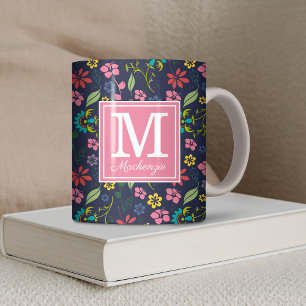 Girly Boho Blumen Navyblau   Rosa Monogramm Kaffeetasse