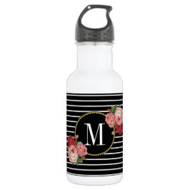 Girly Boho Classy Black Striping Floral Monogram Edelstahlflasche