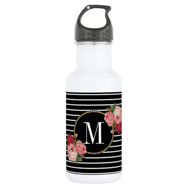 Girly Boho Classy Black Striping Floral Monogram Edelstahlflasche (Vorderseite)