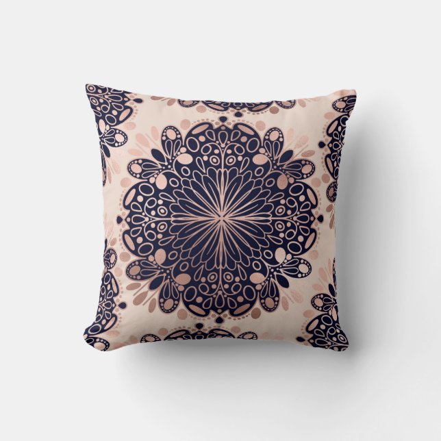 Girly Boho Rose Gold Blush Pink Navy Mandalas Kissen (Vorderseite)