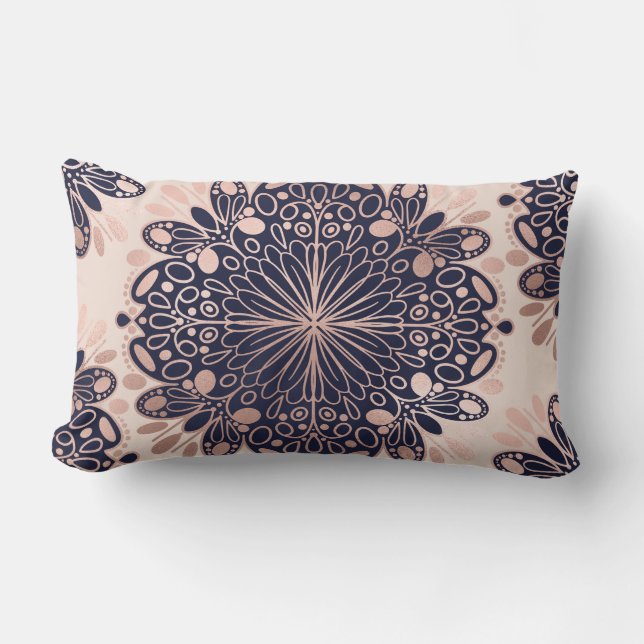 Girly Boho Rose Gold Blush Pink Navy Mandalas Kissen Für Draußen (Vorderseite)