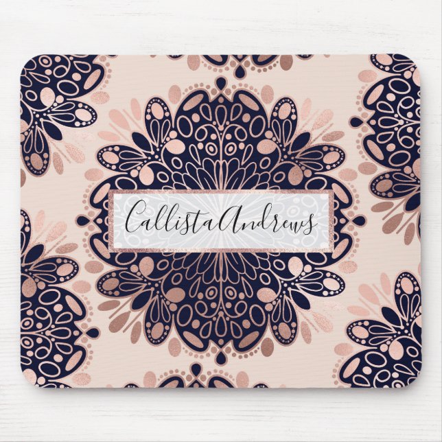 Girly Boho Rose Gold Blush Pink Navy Mandalas Mousepad (Vorne)