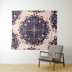 Girly Boho Rose Gold Blush Pink Navy Mandalas Wandteppich