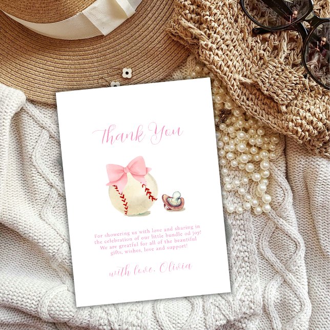 Girly Bow Pacifier Baseball Sport Baby Shower Dankeskarte (Girly Bow Pacifier Baseball Sport Baby Shower Thank You Card)