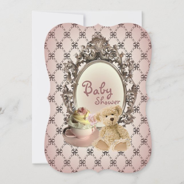 Girly Bows Teddy Bär Babydusche Einladungen (Vorderseite)