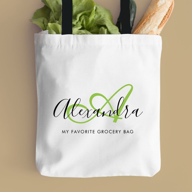 Girly Bright Green Elegant Script Name Monogram Tragetasche (Girly Bright Green Elegant Script Name Monogram Tote Bag)