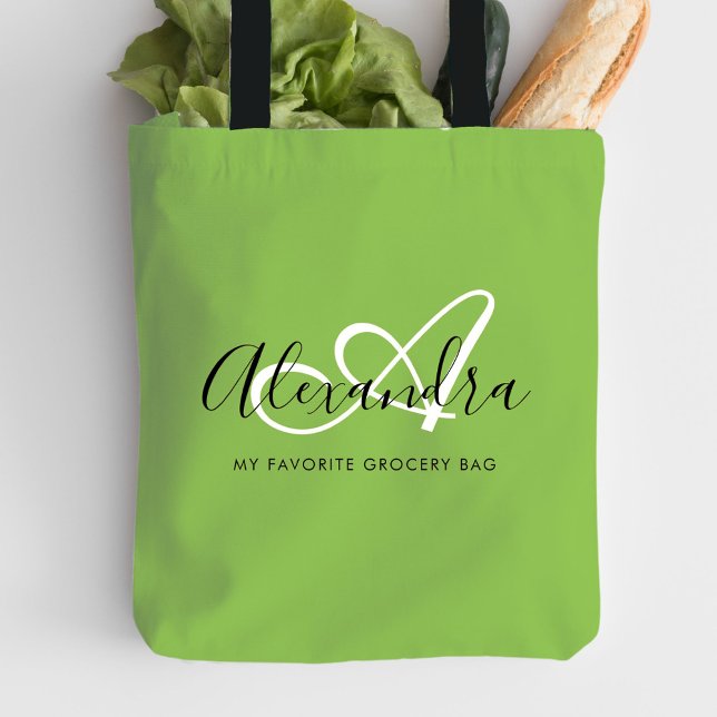 Girly Bright Green Trendy Elegante Script Monogram (Girly Bright Green Trendy Elegant Script Monogram Tote Bag)