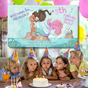 Girly Brünett Tan Türkis Pink Mermaid Geburtstag Banner