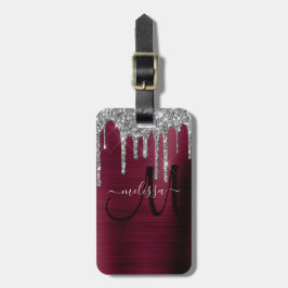 Girly Burgundy Dripping Glitzer Brush Metal Name Gepäckanhänger
