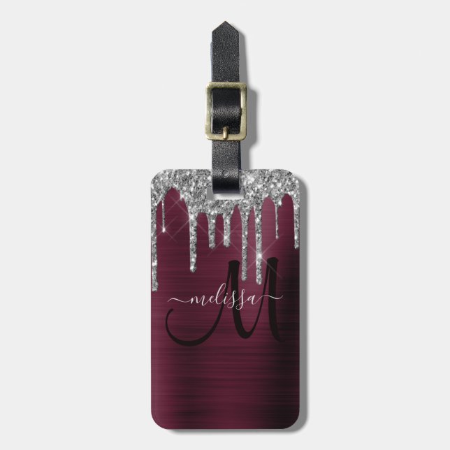 Girly Burgundy Dripping Glitzer Brush Metal Name Gepäckanhänger (Vorderseite vertikal)
