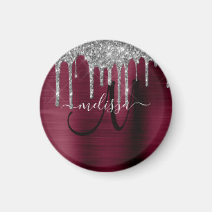 Girly Burgundy Dripping Glitzer Brush Metal Name Magnet