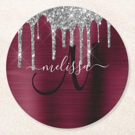 Girly Burgundy Dripping Glitzer Brush Metal Name Runder Pappuntersetzer