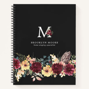 Girly Burgundy Floral Watercolor Boho Monogram Notizbuch