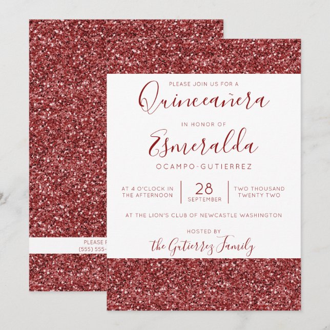 Girly Burgundy Glitzer Sparkle Quinceanera Einladung (Vorne/Hinten)