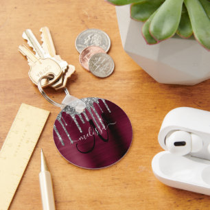 Girly Burgundy Silver Dripping Glitzer Metallic Schlüsselanhänger