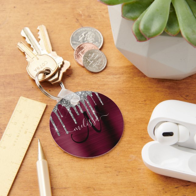 Girly Burgundy Silver Dripping Glitzer Metallic Schlüsselanhänger (Schreibtisch)