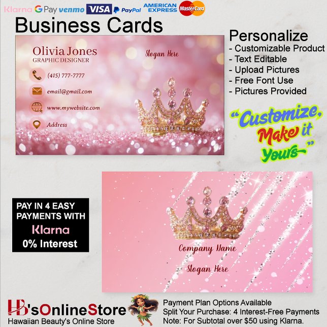 Girly Business Trendy Glitter Elegant Crown QRCode Visitenkarte (Girly Business Trendy Glitter Elegant Crown QRCode Card.)