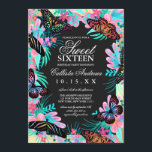 Girly Butterfly Blume Blätter Wasserfarbe Süß 16 Einladung<br><div class="desc">Diese elegante und mädchenhafte 16 . Geburtstag-Geburtstagsfeier eignet sich perfekt zum 16. Geburtstag Ihrer Tochter. Die künstlerische und moderne Schmetterlingsfarbe Schwarz und die farbenfrohen Schmetterlinge auf handbemalten Aquarellfarben-Blume und Blätter sowie der dicke goldene Rahmen mit schwarzem Blockhintergrund. Das Farbschema umfasst Rosa, Blau, Gelb, Orange, aquamarin, Grün, lila und Schwarz. Es...</div>
