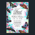 Girly Butterfly Blume Blätter Wasserfarbe Süß 16 Einladung<br><div class="desc">Diese elegante und mädchenhafte 16 . Geburtstag-Geburtstagsfeier eignet sich perfekt zum 16. Geburtstag Ihrer Tochter. Die moderne und künstlerische schwarze und farbenfrohe Schmetterlinge auf handbemalten Aquarellfarben-Blume und Blätter sowie der dicke goldene Rahmen mit weißem Blockhintergrund zeichnen das Hotel aus. Das Farbschema umfasst Rosa, Blau, Gelb, Orange, aquamarin, Grün, lila und...</div>