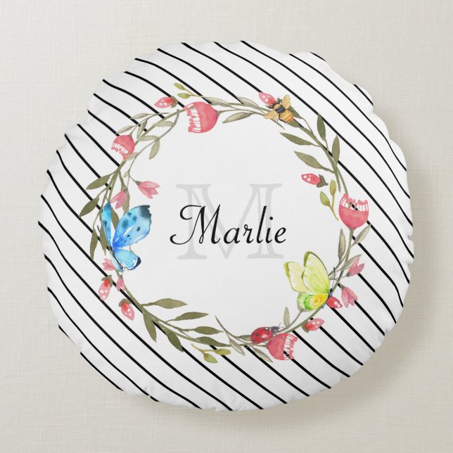 Girly Butterfly floral dünne schwarze Streifen und Rundes Kissen (Vorderseite)