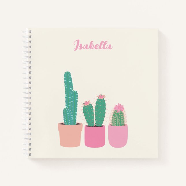 Girly Cactus Houseplant Spiral Notebook mit Namen Notizbuch (Vorderseite)