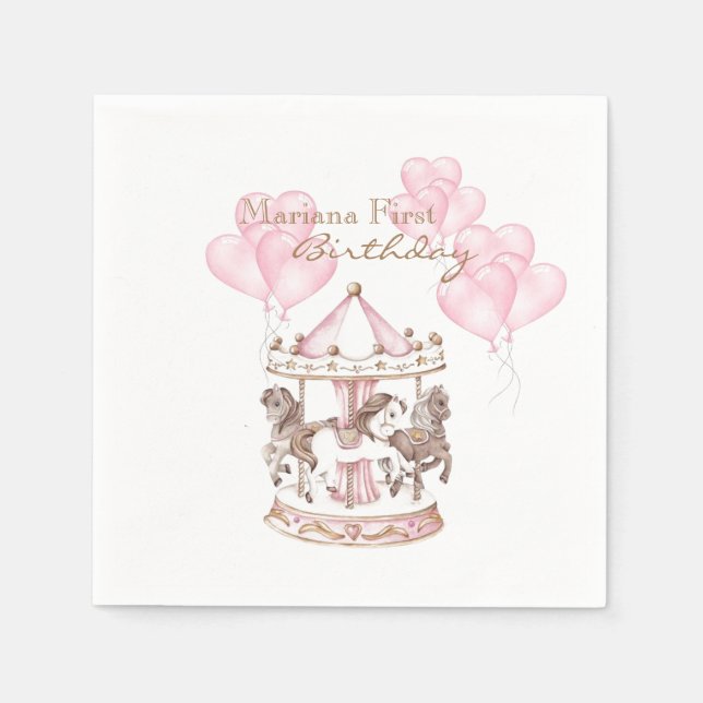 Girly Carousel Pink Einhorn Erster Geburtstag Serviette (Vorderseite)