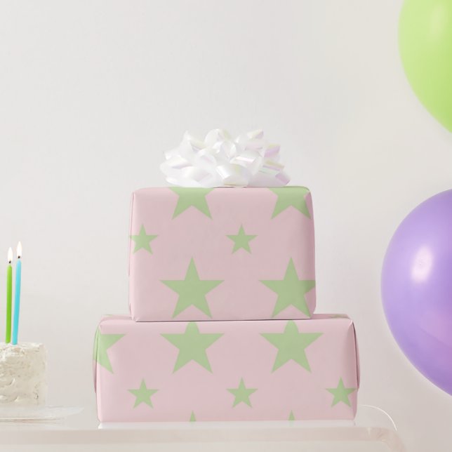 Girly Celestial Pastel Pink & Green Stars Pattern Geschenkpapier (Partygeschenke)