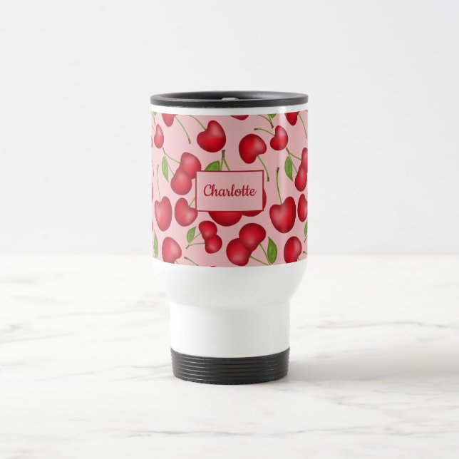 Girly Cherries Muster pink mit personalisiertem Na Reisebecher (Mittel)