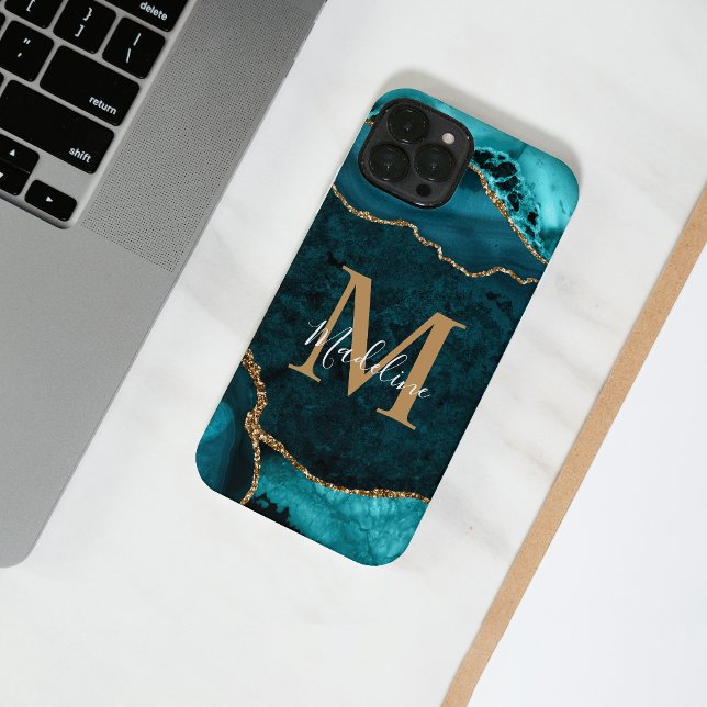 Girly Chic Aquamarin Gold Agate Geode Monogram iPhone Hülle (Von Creator hochgeladen)