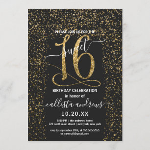 Girly Chic Black Gold Confetti Border Sweet 16 Einladung