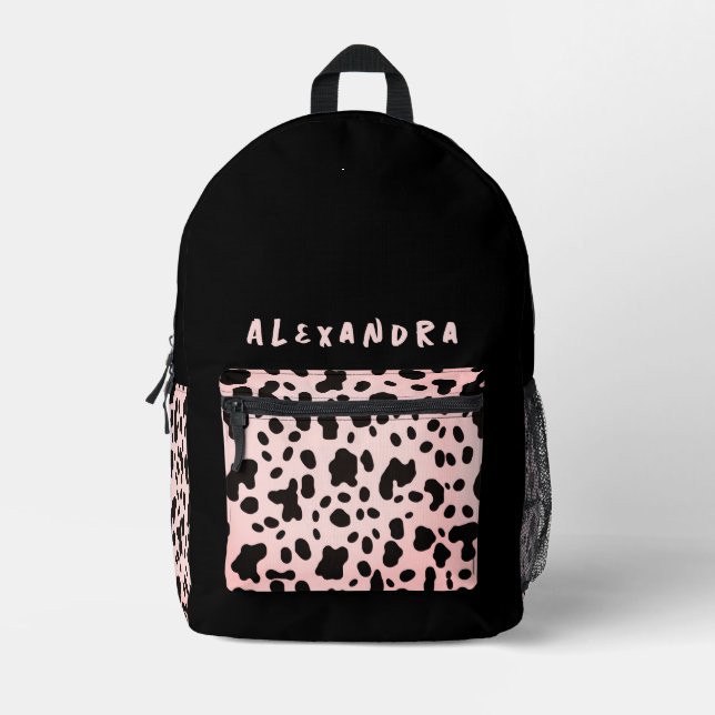 Girly Chic Black Pink Kuh Tierart Name Bedruckter Rucksack (Vorderseite)