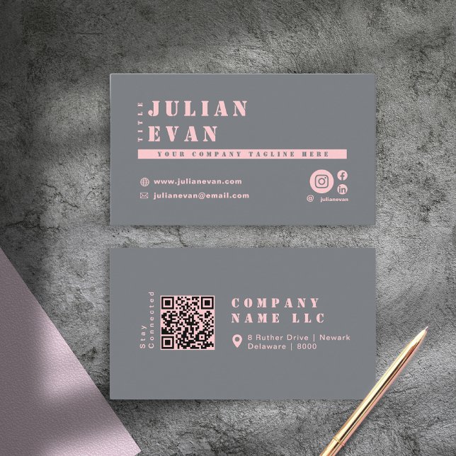 Girly Chic Blush Pink Gray Typografy QR Code Visitenkarte (Girly Chic Blush Pink Grey Typography QR Code Business Card)