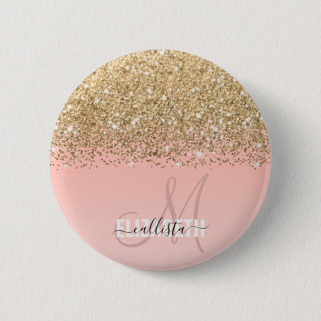 Girly Chic Gold Confetti Pink Gradient Monogram Button (Vorderseite)