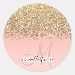 Girly Chic Gold Confetti Pink Gradient Monogram Runder Aufkleber