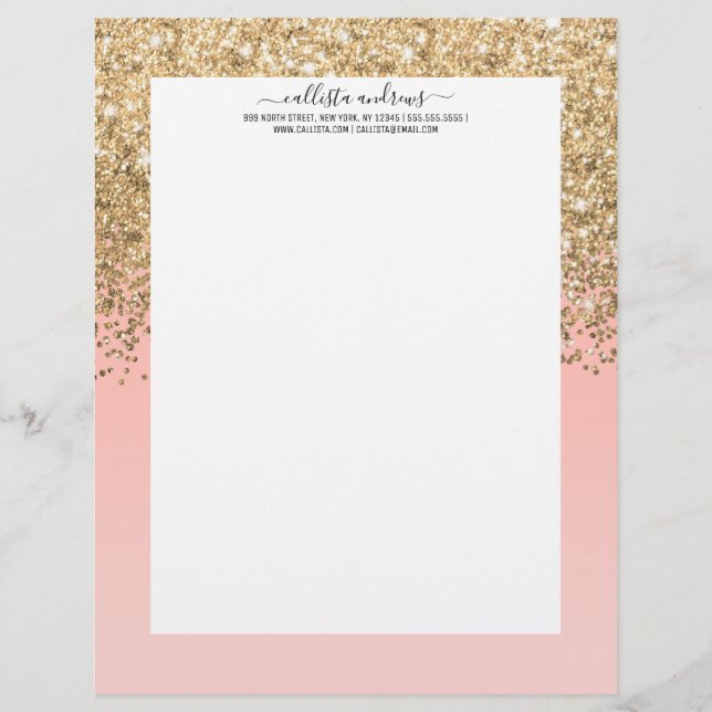 Girly Chic Gold Confetti Pink Gradient Ombre Briefbogen (Vorderseite)