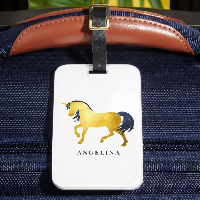 Girly Chic Gold und Celestial Unicorn Personalisie Gepäckanhänger (Vorderseite Insitu 2)