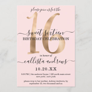 Girly Chic Imitats Gold Blush Pink Sweet 16 Einladung