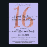 Girly Chic Imitats Rose Gold Glitzer Lila Sweet 16 Einladung<br><div class="desc">Diese elegante, einfache, minimalistische und schicke 16 . Geburtstag-Geburtstagsfeier ist perfekt für Ihre junge Teenagerin. Es verfügt über ein glamouröses Imitat gedruckt aufwändig und luxuriöse Rose Gold funkelnd Glitzer Sequin Nummer "16" auf einem gürtellischen lila Hintergrund mit kostenlosen schwarzen kursiven und serf Schriftart. Es ist einzigartig, modern, cool und trendig,...</div>